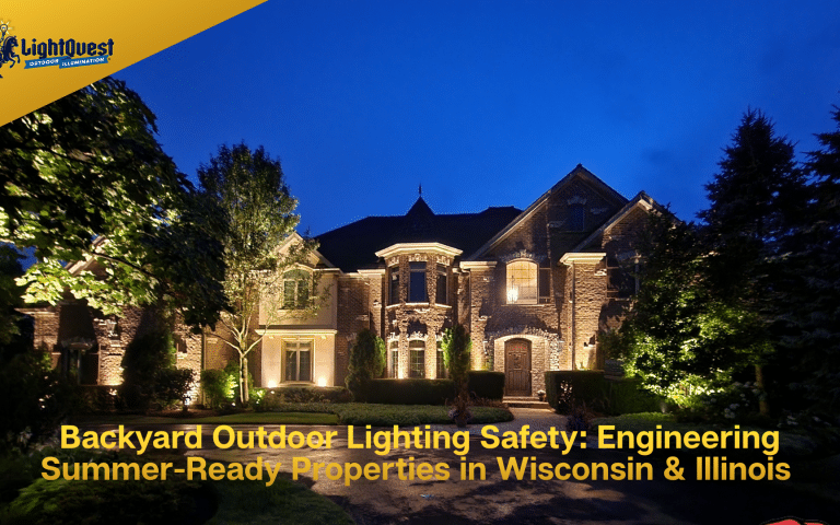 Luxury brick home in Wisconsin and Illinois illuminated with warm architectural landscape lighting, tree lighting, and pathway lighting for summer outdoor safety.