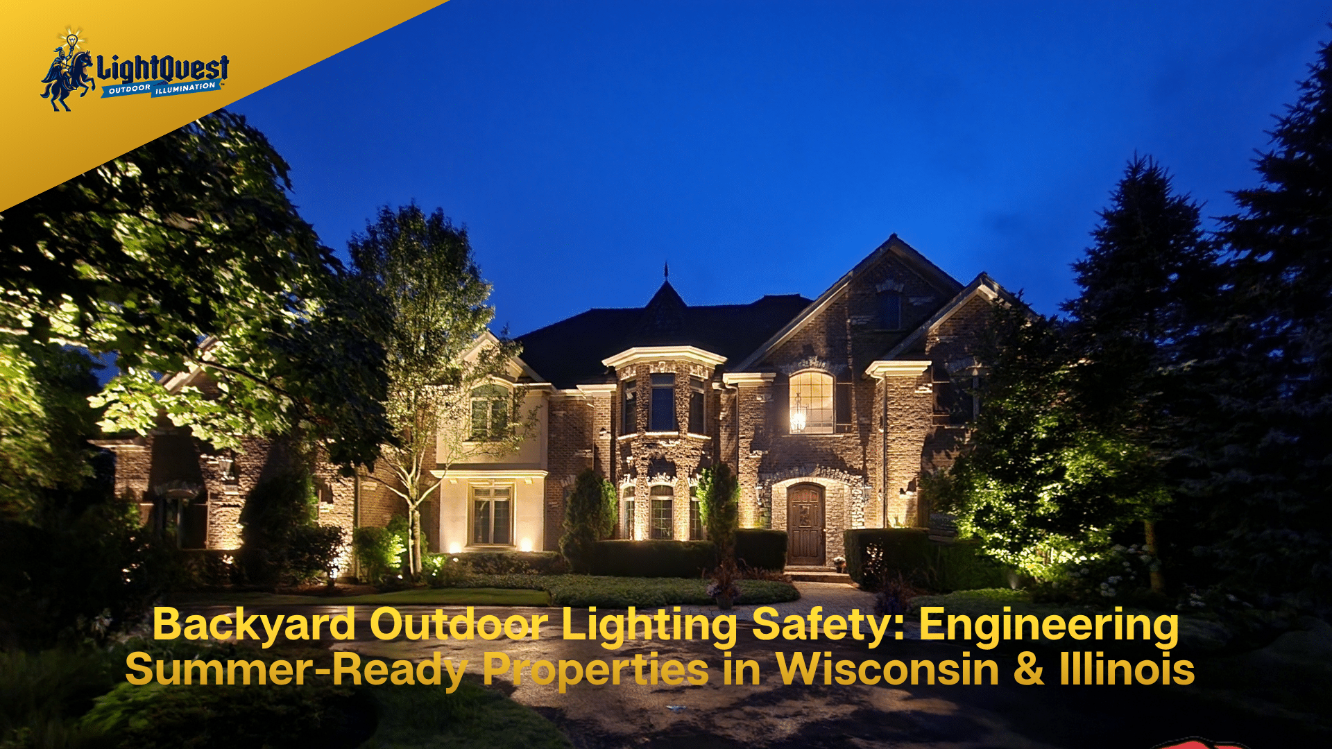 Luxury brick home in Wisconsin and Illinois illuminated with warm architectural landscape lighting, tree lighting, and pathway lighting for summer outdoor safety.